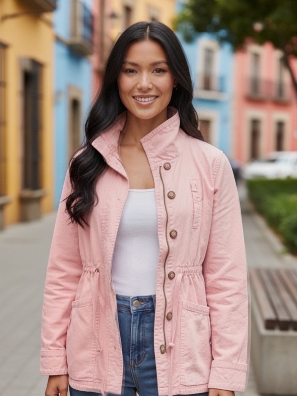 Billabong Pink Cotton Twill Utility Anorak Parka Jacket Hooded Cinched Waist M